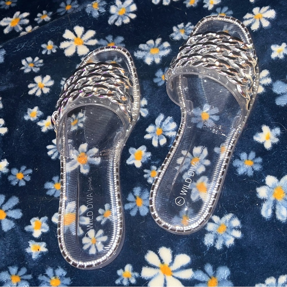 Woman slip on sandals clear with silver jewelry chains on shoes size 7